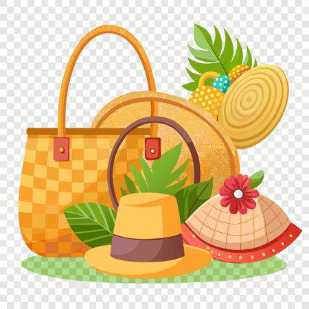 Handmade Raffia Hat and Handbag Set for Summer Styleのイラスト素材