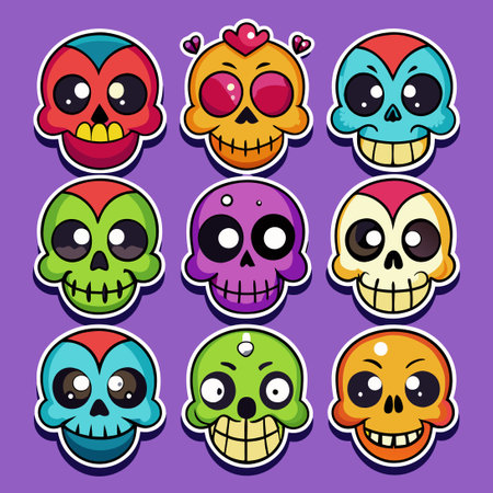 Humorous and Varied Cartoon Skull Stickers for Creative Expressionsのイラスト素材