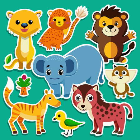 Adorable Cartoon Wild Animal Stickers for Kids and Animal Loversのイラスト素材