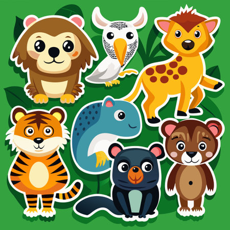 Cartoon Wild Animal Sticker Set Featuring Lions, Elephants, Tigers, and Moreのイラスト素材