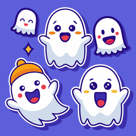 Spooktacular Sticker Set Featuring Adorable Cartoon Ghosts in Various Guisesのイラスト素材