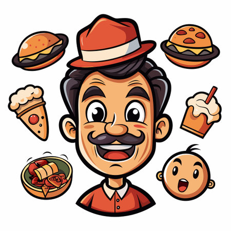 Vintage-Style Food Accompanied by a Series of Facial Expressionsのイラスト素材