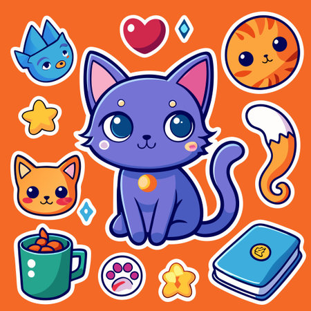 Adorable Set of Cat-Themed Stickers for Cats or Cat Loversのイラスト素材