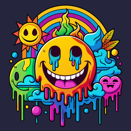 Psychedelic Smiley Faces Adorn a Graphic T-Shirt in Three Unique Designsのイラスト素材