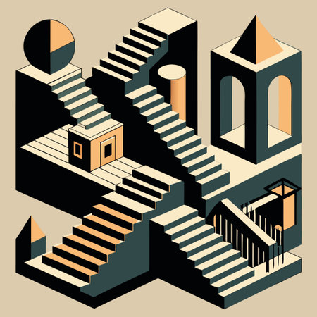 Abstract Geometric Dreamworld with Surreal Ladders and Mysterious Elementsのイラスト素材