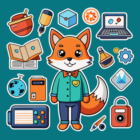 Fred the Fox-Themed Technology Sticker Collection with 3 Unique Designsのイラスト素材