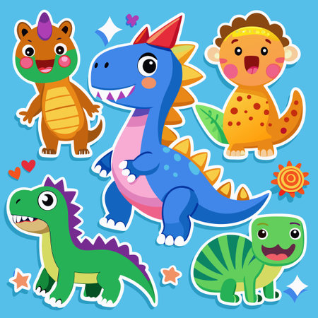 Comprehensive Dinosaur Sticker Set Depicting Diverse Species for Educational and Creative Purposesのイラスト素材