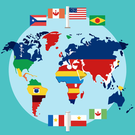 Comprehensive World Flags with Continents Vector Mapのイラスト素材