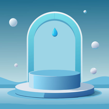 Surreal Floating Podium Adorned with Suspended Water Droplets in a Dazzling Arrayのイラスト素材