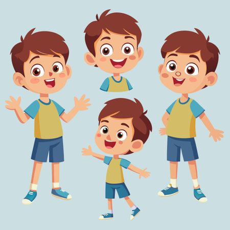 Cheerful Little Boy Expresses Himself through Diverse Poses and Emotionsのイラスト素材