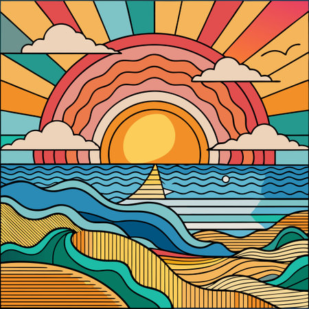 Abstract Intricate Line Art Depiction of a Serene Sunrise over a Tranquil Beachのイラスト素材