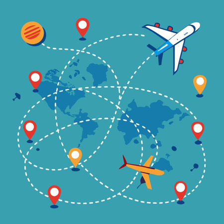 Aircraft Flight Paths Tracked by Dotted Lines on a World Mapのイラスト素材