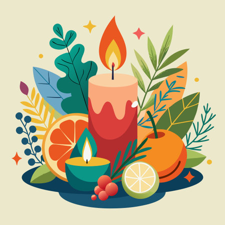 Aromatic Ambiance: Burning Candles Adorned with Flowers and Herbsのイラスト素材