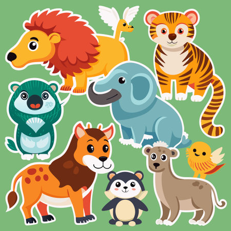 Cartoon Animal Stickers: 9 Wild and Whimsical Designsのイラスト素材