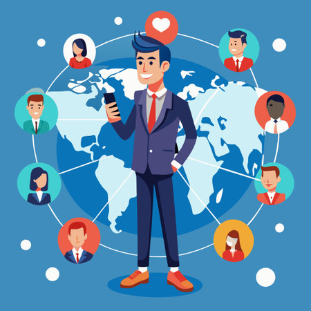 Businessman Networking and Building Connections Using Smartphoneのイラスト素材