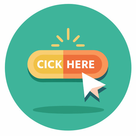 Hand Cursor Clicking Arrow-Shaped "Click Here" Button with Pointer Graphicのイラスト素材