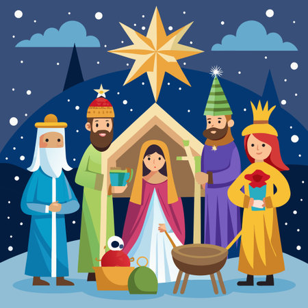 Holy Family Gathered in a Traditional Nativity Scene Under the North Star