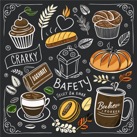 Charming Hand-Drawn Coffee and Bakery Menu on a Vintage Chalkboardのイラスト素材