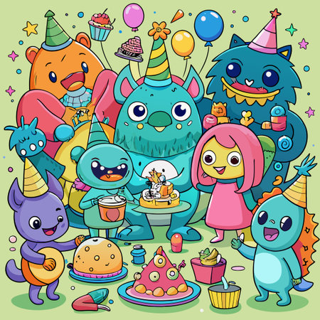 Party Time for Adorable Monsters and Their Pals!のイラスト素材