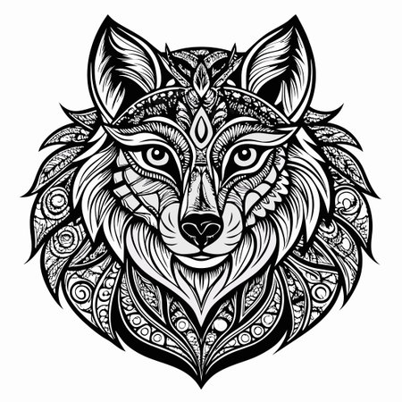 Intricate Zentangle Wolf Design for Coloring, Tattoo, or Intricate Artのイラスト素材
