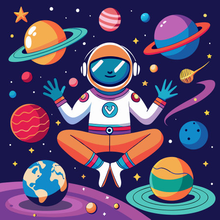 Humorous Astronaut Practices Yoga on Intergalactic Adventureのイラスト素材
