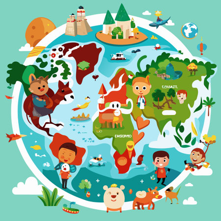 Humorous World Map Featuring Diverse Children in Cartoonish Style