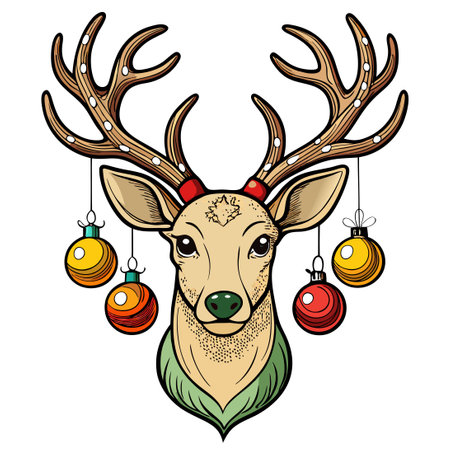 Hand-Drawn Christmas Deer Head Adorned with Festive Ornamentsのイラスト素材