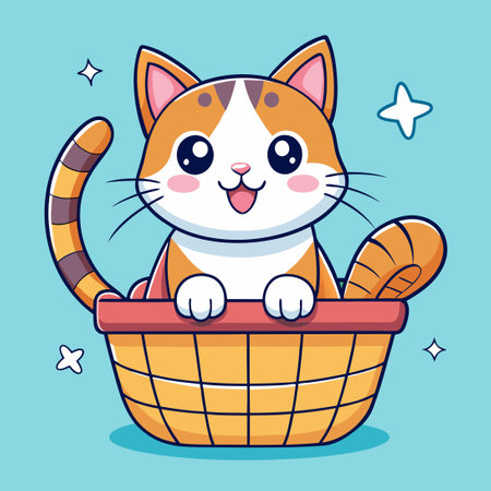 Adorable Hand-Drawn Cats in Wicker Basket for Wall Decorのイラスト素材