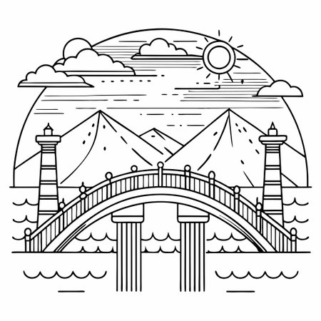 Minimalistic Line Art Depicting an Expansive Bridge Traversing the Seaのイラスト素材