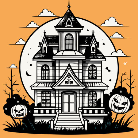 Intricately Detailed Line Art of a Victorian-Era Haunted Mansion at Nightのイラスト素材