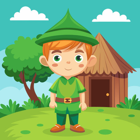 Little Boy in Green Clothing Exploring a Verdant Hut in a Children's Book Illustrationのイラスト素材