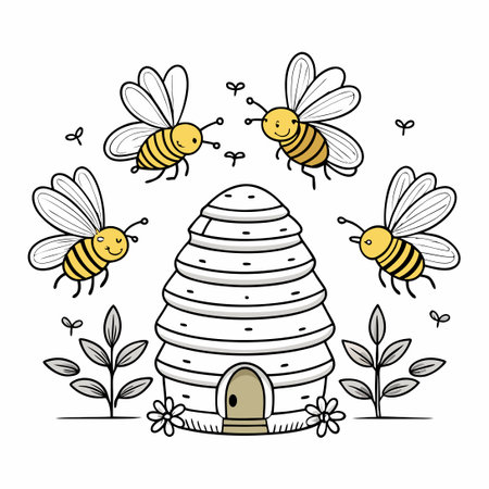 Intricate Line Art Depicting Bees Buzzing Around Their Golden Hiveのイラスト素材