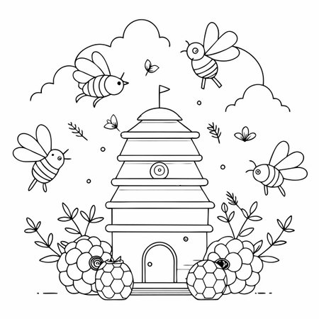 Honey Bees Buzzing Around their Hive in Detailed Line Artのイラスト素材