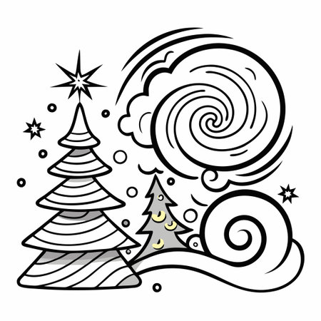 Stormy Christmas Tree Line Art with Festive Ornaments and Falling Snowのイラスト素材