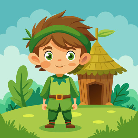 Young Boy in Green Clothes Reading a Book in a Quaint Green Hutのイラスト素材