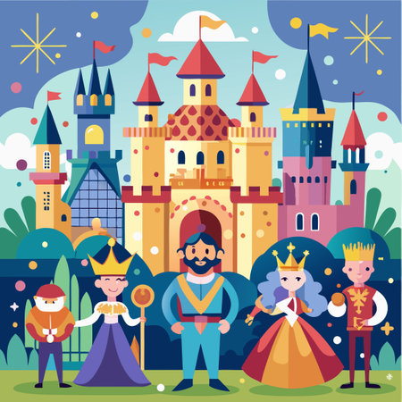 Majestic Medieval Castle with King, Princess, and Moreのイラスト素材