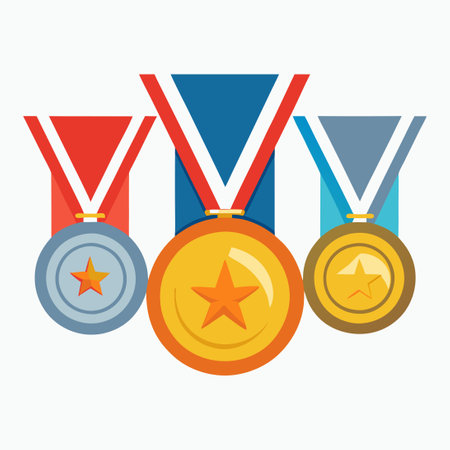 Set of Three Medals Including Gold, Silver, and Bronze with Red Ribbonのイラスト素材
