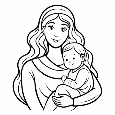 Mother Nurturing Her Newborn with Minimalistic Line Artのイラスト素材