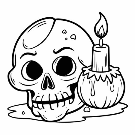 Halloween-Themed Line Drawing of a Skull and Candleのイラスト素材