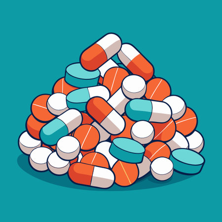 Three Colorful Medical Pills in a Line on White Backgroundのイラスト素材