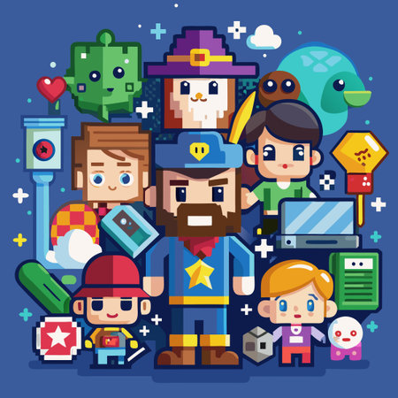 Pixelated Characters and Elements in Vibrant Digital Art