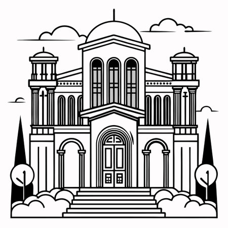 Intricate Line Art Drawing of a Stunning Black and White Buildingのイラスト素材