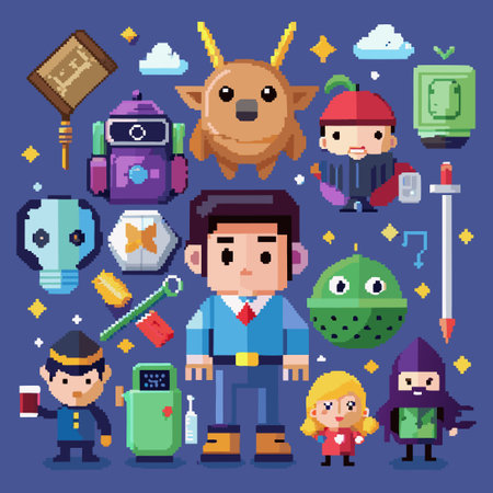 Retro Pixelated Characters and Elements Nostalgic Digital Art