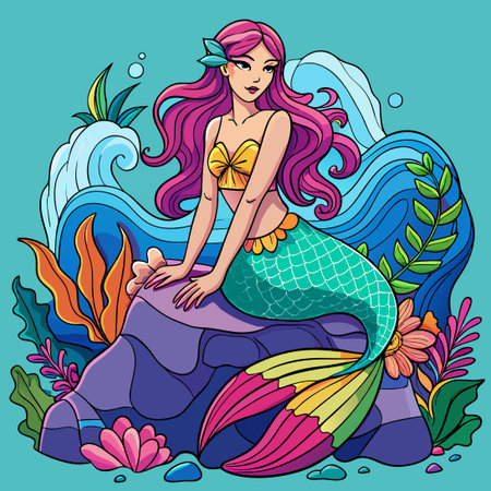 Enchanting Mermaid on a Rocky Shore with Azure Ocean Backdropのイラスト素材