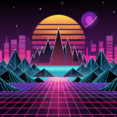 Neon Cityscape Retro Futuristic Cyberpunk Landscape with Digital Skyline