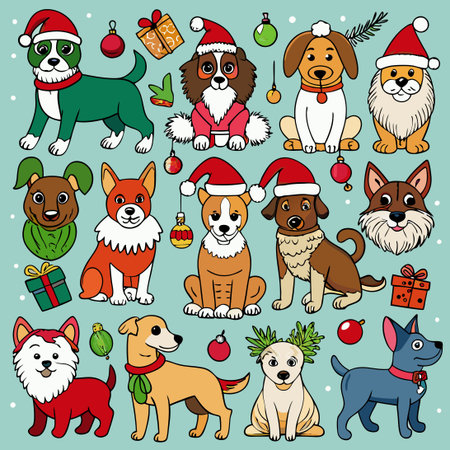 Christmas-Themed Coloring Collection Featuring Thirty Delightful Dog Breedsのイラスト素材