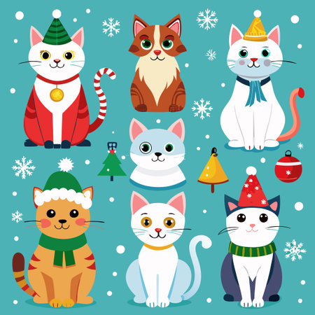 Nine Festive Kitty Companions: Cat Breeds Celebrating Christmas and Winterのイラスト素材