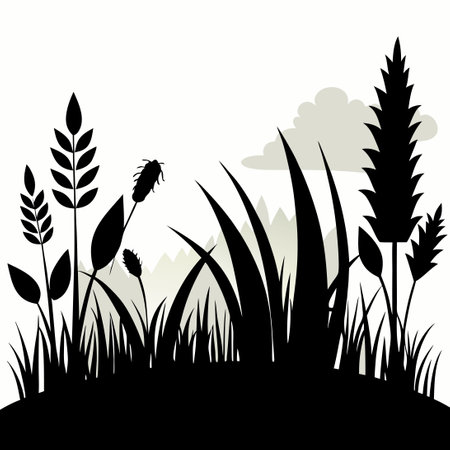 Panoramic Grass Lawn Silhouette Landscape with Black Cutoutsのイラスト素材