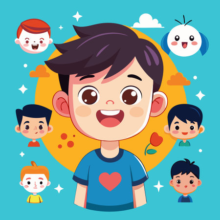 Charming Expressions of a Cute Boy's Emotions in Six Adorable Portraitsのイラスト素材