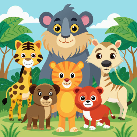 Vibrant Cartoon Collection Featuring Nine Wild Animalsのイラスト素材